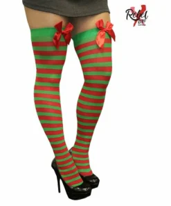 Swedia's Christmas & New Year Red And Green Stripe Thigh High Stocking W/Red Bow