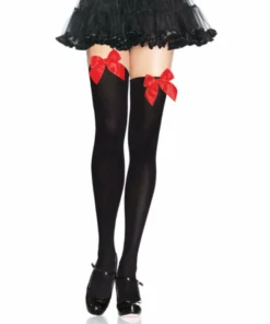 Tomfoolery Hosiery Black Thigh Highs With Red Bow - Leg Avenue