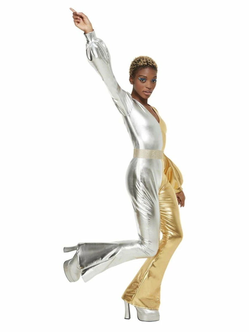 Smiffys 70's Super Chic Gold & Silver Jumpsuit Ladiesc 4 Smiffys 70's Super Chic Gold & Silver Jumpsuit Ladiesc