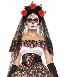M Distribution Pty Ltd Day Of The Dead Black Veil With Floral Headband Hats & Headwear