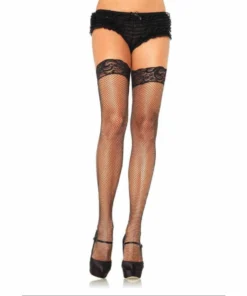 Tomfoolery Hosiery Black Queen Size Stay Up Lycra Fishnet With Lace Top Thigh High